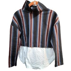 Tweed Striped High Neck White Hem Top Blouse XS